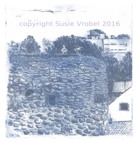 Susie Vrobel Burg Friedberg View to the West - Dicker Turm - Etching 2016